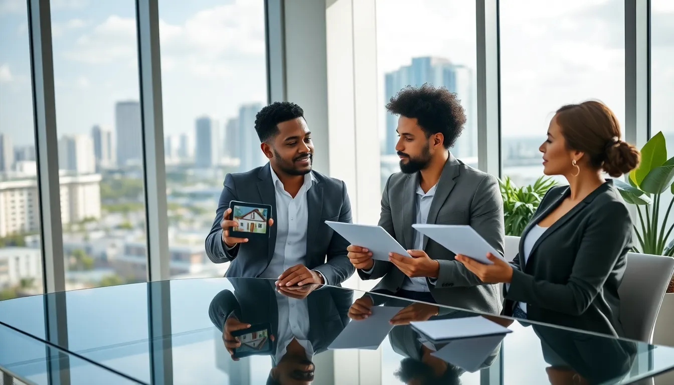 diverse mortgage broker assisting clients in a modern Miami office.